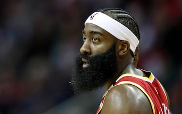HOUSTON, TX - JANUARY 03:  James Harden #13 of the Houston Rockets stands on the court in the first half against the Philadelphia 76ers at Toyota Center on January 3, 2020 in Houston, Texas.  NOTE TO USER: User expressly acknowledges and agrees that, by downloading and or using this photograph, User is consenting to the terms and conditions of the Getty Images License Agreement.  (Photo by Tim Warner/Getty Images)