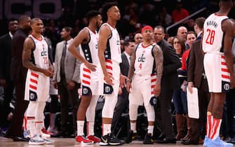 WASHINGTON, DC - JANUARY 03: Isaiah Thomas #4 of the Washington Wizards reacts after being ejected during the first quarter against the Portland Trail Blazers at Capital One Arena on January 03, 2020 in Washington, DC. NOTE TO USER: User expressly acknowledges and agrees that, by downloading and/or using this photograph, user is consenting to the terms and conditions of the Getty Images License Agreement. (Photo by Rob Carr/Getty Images)