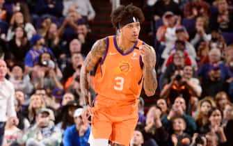 PHOENIX, AZ - JANUARY 3: Kelly Oubre Jr. #3 of the Phoenix Suns reacts to a play against the New York Knicks on January 3, 2020 at Talking Stick Resort Arena in Phoenix, Arizona. NOTE TO USER: User expressly acknowledges and agrees that, by downloading and or using this photograph, user is consenting to the terms and conditions of the Getty Images License Agreement. Mandatory Copyright Notice: Copyright 2020 NBAE (Photo by Barry Gossage/NBAE via Getty Images)