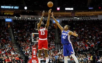 HOUSTON, TX - JANUARY 03:  James Harden #13 of the Houston Rockets takes a three point shot defended by Al Horford #42 of the Philadelphia 76ers in the fourth quarter at Toyota Center on January 3, 2020 in Houston, Texas.  NOTE TO USER: User expressly acknowledges and agrees that, by downloading and or using this photograph, User is consenting to the terms and conditions of the Getty Images License Agreement.  (Photo by Tim Warner/Getty Images)