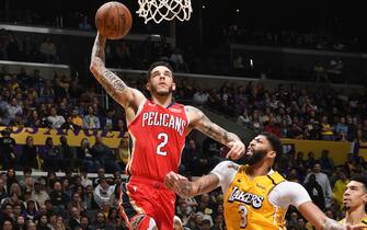 LOS ANGELES, CA - JANUARY 3: Lonzo Ball #2 of the New Orleans Pelicans shoots the ball against the Los Angeles Lakers on January 3, 2020 at STAPLES Center in Los Angeles, California. NOTE TO USER: User expressly acknowledges and agrees that, by downloading and/or using this Photograph, user is consenting to the terms and conditions of the Getty Images License Agreement. Mandatory Copyright Notice: Copyright 2020 NBAE (Photo by Andrew D. Bernstein/NBAE via Getty Images)