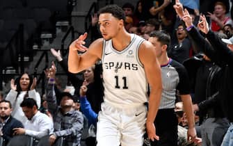 SAN ANTONIO, TX - DECEMBER 31: Bryn Forbes #11 of the San Antonio Spurs reacts to play against the Golden State Warriors on December 31, 2019 at the AT&T Center in San Antonio, Texas. NOTE TO USER: User expressly acknowledges and agrees that, by downloading and or using this photograph, user is consenting to the terms and conditions of the Getty Images License Agreement. Mandatory Copyright Notice: Copyright 2019 NBAE (Photos by Logan Riely/NBAE via Getty Images)