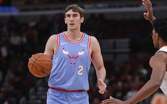 CHICAGO, ILLINOIS - DECEMBER 28: Luke Kornet #2 of the Chicago  Bulls looks to pass against the Atlanta Hawks at the United Center on December 28, 2019 in Chicago, Illinois. The Bulls defeated the Hawks 116-81. NOTE TO USER: User expressly acknowledges and agrees that, by downloading and or using this photograph, User is consenting to the terms and conditions of the Getty Images License Agreement. (Photo by Jonathan Daniel/Getty Images)