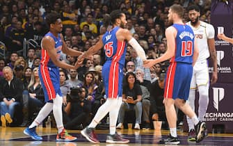 LOS ANGELES, CA - JANUARY 5: Langston Galloway #9, Derrick Rose #25, and Sviatoslav Mykhailiuk #19 of the Detroit Pistons hi-five during the game against the Los Angeles Lakers on January 5, 2020 at STAPLES Center in Los Angeles, California. NOTE TO USER: User expressly acknowledges and agrees that, by downloading and/or using this Photograph, user is consenting to the terms and conditions of the Getty Images License Agreement. Mandatory Copyright Notice: Copyright 2020 NBAE (Photo by Andrew D. Bernstein/NBAE via Getty Images)