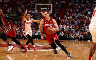 MIAMI, FL - JANUARY 5: Goran Dragic #7 of the Miami Heat handles the ball against the Portland Trail Blazers on January 5, 2020 at American Airlines Arena in Miami, Florida. NOTE TO USER: User expressly acknowledges and agrees that, by downloading and or using this Photograph, user is consenting to the terms and conditions of the Getty Images License Agreement. Mandatory Copyright Notice: Copyright 2020 NBAE (Photo by Issac Baldizon/NBAE via Getty Images)