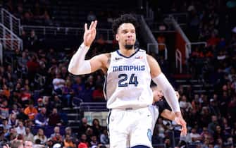 PHOENIX, AZ - JANUARY 5: Dillon Brooks #24 of the Memphis Grizzlies reacts to a play during a game against the Phoenix Suns on January 5, 2020 at Talking Stick Resort Arena in Phoenix, Arizona. NOTE TO USER: User expressly acknowledges and agrees that, by downloading and or using this photograph, user is consenting to the terms and conditions of the Getty Images License Agreement. Mandatory Copyright Notice: Copyright 2020 NBAE (Photo by Michael Gonzales/NBAE via Getty Images)