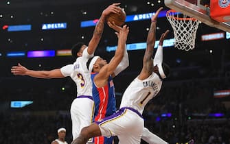 LOS ANGELES, CA - JANUARY 05: Bruce Brown #6 of the Detroit Pistons has a shot blocked by Anthony Davis #3while Kentavious Caldwell-Pope #1 of the Los Angeles Lakers looks on at Staples Center on January 5, 2020 in Los Angeles, California. NOTE TO USER: User expressly acknowledges and agrees that, by downloading and/or using this photograph, user is consenting to the terms and conditions of the Getty Images License Agreement. (Photo by John McCoy/Getty Images)