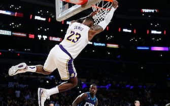 LOS ANGELES, CA - OCTOBER 27: LeBron James #23 of the Los Angeles Lakers dunks the ball against the Charlotte Hornets on October 27, 2019 at STAPLES Center in Los Angeles, California. NOTE TO USER: User expressly acknowledges and agrees that, by downloading and/or using this Photograph, user is consenting to the terms and conditions of the Getty Images License Agreement. Mandatory Copyright Notice: Copyright 2019 NBAE (Photo by Chris Elise/NBAE via Getty Images)