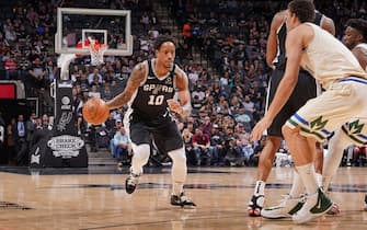 SAN ANTONIO, TX - JANUARY 6: DeMar DeRozan #10 of the San Antonio Spurs handles the ball against the Milwaukee Bucks on January 6, 2020 at the AT&T Center in San Antonio, Texas. NOTE TO USER: User expressly acknowledges and agrees that, by downloading and or using this photograph, user is consenting to the terms and conditions of the Getty Images License Agreement. Mandatory Copyright Notice: Copyright 2020 NBAE (Photos by Darren Carroll/NBAE via Getty Images)