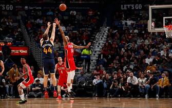 NEW ORLEANS, LA - JANUARY 6: Bojan Bogdanovic #44 of the Utah Jazz shoots the ball against the New Orleans Pelicans on January 6, 2020 at the Smoothie King Center in New Orleans, Louisiana. NOTE TO USER: User expressly acknowledges and agrees that, by downloading and or using this Photograph, user is consenting to the terms and conditions of the Getty Images License Agreement. Mandatory Copyright Notice: Copyright 2020 NBAE (Photo by Jeff Haynes/NBAE via Getty Images)