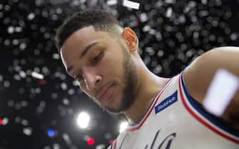PHILADELPHIA, PA - APRIL 14: Ben Simmons #25 of the Philadelphia 76ers looks on after Game One of the first round of the 2018 NBA Playoff against the Miami Heat at Wells Fargo Center on April 14, 2018 in Philadelphia, Pennsylvania. The 76ers defeated the Heat 130-103. NOTE TO USER: User expressly acknowledges and agrees that, by downloading and or using this photograph, User is consenting to the terms and conditions of the Getty Images License Agreement. (Photo by Mitchell Leff/Getty Images)