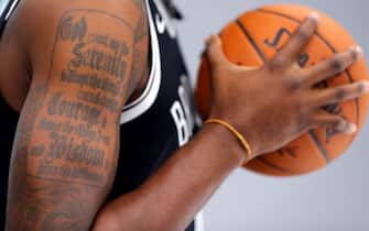 NEW YORK, NEW YORK - SEPTEMBER 27: A detail view of DeAndre Jordan #6 of the Brooklyn Nets' tattoo is seen as he poses during Brooklyn Nets Media Day at HSS Training Center on September 27, 2019 in the Brooklyn Borough of New York City. NOTE TO USER: User expressly acknowledges and agrees that, by downloading and or using this photograph, User is consenting to the terms and conditions of the Getty Images License Agreement. (Photo by Mike Lawrie/Getty Images)