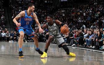 BROOKLYN, NY - JANUARY 7: Caris LeVert #22 of the Brooklyn Nets handles the ball against the Oklahoma City Thunder on January 7, 2020 at Barclays Center in Brooklyn, New York. NOTE TO USER: User expressly acknowledges and agrees that, by downloading and or using this Photograph, user is consenting to the terms and conditions of the Getty Images License Agreement. Mandatory Copyright Notice: Copyright 2020 NBAE (Photo by Nathaniel S. Butler/NBAE via Getty Images)