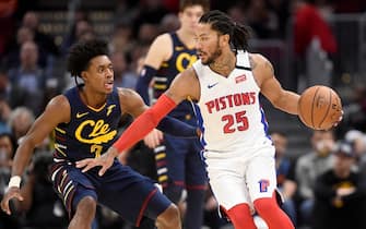 CLEVELAND, OHIO - JANUARY 07: Derrick Rose #25 of the Detroit Pistons drives against Collin Sexton #2 of the Cleveland Cavaliers during the second half at Rocket Mortgage Fieldhouse on January 07, 2020 in Cleveland, Ohio. The Pistons defeated the Cavaliers 115-113. NOTE TO USER: User expressly acknowledges and agrees that, by downloading and/or using this photograph, user is consenting to the terms and conditions of the Getty Images License Agreement. (Photo by Jason Miller/Getty Images)
