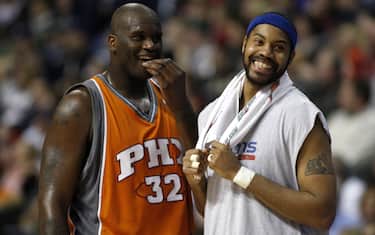 AUBURN HILLS, MI - MARCH 24:  Rasheed Wallace #36 of the Detroit Pistons has a laugh with Shaquille O'Neal #32 of the Phoenix Suns on March 24, 2008 at the Palace of Auburn Hills in Auburn Hills, Michigan. Detroit won the game 110-105. NOTE TO USER: User expressly acknowledges and agrees that, by downloading and or using this photograph, User is consenting to the terms and conditions of the Getty Images License Agreement.  (Photo by Gregory Shamus/Getty Images)