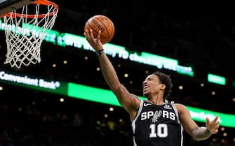 BOSTON, MASSACHUSETTS - JANUARY 08: DeMar DeRozan #10 of the San Antonio Spurs takes a shot against the Boston Celtics  at TD Garden on January 08, 2020 in Boston, Massachusetts. (Photo by Maddie Meyer/Getty Images)