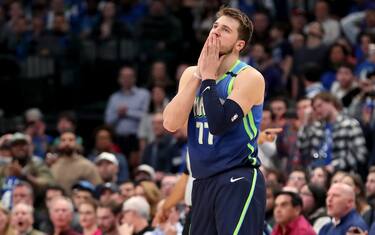 DALLAS, TEXAS - JANUARY 08: Luka Doncic #77 of the Dallas Mavericks reacts against the Denver Nuggets in the second half at American Airlines Center on January 08, 2020 in Dallas, Texas. NOTE TO USER: User expressly acknowledges and agrees that, by downloading and or using this photograph, User is consenting to the terms and conditions of the Getty Images License Agreement. (Photo by Tom Pennington/Getty Images)