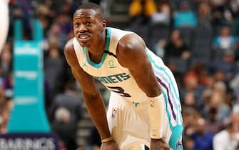 CHARLOTTE, NC - JANUARY 8: Terry Rozier #3 of the Charlotte Hornets looks on during the game against the Toronto Raptors on January 8, 2020 at Spectrum Center in Charlotte, North Carolina. NOTE TO USER: User expressly acknowledges and agrees that, by downloading and or using this photograph, User is consenting to the terms and conditions of the Getty Images License Agreement. Mandatory Copyright Notice: Copyright 2020 NBAE (Photo by Kent Smith/NBAE via Getty Images)