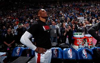 1192772595 OKLAHOMA CITY, OK - JANUARY 9: Russell Westbrook #0 of the Houston Rockets looks on during his welcoming back video to Oklahoma City before the game on January 9, 2020 at Chesapeake Energy Arena in Oklahoma City, Oklahoma. NOTE TO USER: User expressly acknowledges and agrees that, by downloading and or using this photograph, User is consenting to the terms and conditions of the Getty Images License Agreement. Mandatory Copyright Notice: Copyright 2020 NBAE (Photo by Jeff Haynes/NBAE via Getty Images)