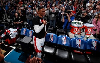 OKLAHOMA CITY, OK - JANUARY 9: Russell Westbrook #0 of the Houston Rockets looks on during his welcoming back video to Oklahoma City before the game on January 9, 2020 at Chesapeake Energy Arena in Oklahoma City, Oklahoma. NOTE TO USER: User expressly acknowledges and agrees that, by downloading and or using this photograph, User is consenting to the terms and conditions of the Getty Images License Agreement. Mandatory Copyright Notice: Copyright 2020 NBAE (Photo by Jeff Haynes/NBAE via Getty Images)
