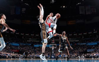 1192774709 OKLAHOMA CITY, OK - JANUARY 9: Russell Westbrook #0 of the Houston Rockets drives to the basket against the Oklahoma City Thunder on January 9, 2020 at Chesapeake Energy Arena in Oklahoma City, Oklahoma. NOTE TO USER: User expressly acknowledges and agrees that, by downloading and or using this photograph, User is consenting to the terms and conditions of the Getty Images License Agreement. Mandatory Copyright Notice: Copyright 2020 NBAE (Photo by Jeff Haynes/NBAE via Getty Images)