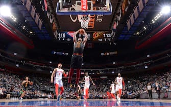 DETROIT, MI - JANUARY 9: Tristan Thompson #13 of the Cleveland Cavaliers goes up for a dunk during the game against the Detroit Pistons on January 9, 2020 at Little Caesars Arena in Detroit, Michigan. NOTE TO USER: User expressly acknowledges and agrees that, by downloading and/or using this photograph, User is consenting to the terms and conditions of the Getty Images License Agreement. Mandatory Copyright Notice: Copyright 2020 NBAE (Photo by Chris Schwegler/NBAE via Getty Images)