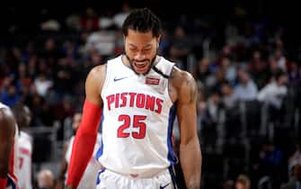 DETROIT, MI - JANUARY 9: Derrick Rose #25 of the Detroit Pistons reacts to a play during a game against the Cleveland Cavaliers on January 9, 2019 at Little Caesars Arena in Detroit, Michigan. NOTE TO USER: User expressly acknowledges and agrees that, by downloading and/or using this photograph, User is consenting to the terms and conditions of the Getty Images License Agreement. Mandatory Copyright Notice: Copyright 2019 NBAE (Photo by Brian Sevald/NBAE via Getty Images)
