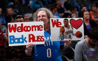 OKLAHOMA CITY, OK - JANUARY 9: Fan holds a sign welcoming Russell Westbrook #0 of the Houston Rockets back to the arena before the game on January 9, 2020 at Chesapeake Energy Arena in Oklahoma City, Oklahoma. NOTE TO USER: User expressly acknowledges and agrees that, by downloading and or using this photograph, User is consenting to the terms and conditions of the Getty Images License Agreement. Mandatory Copyright Notice: Copyright 2020 NBAE (Photo by Jeff Haynes/NBAE via Getty Images)