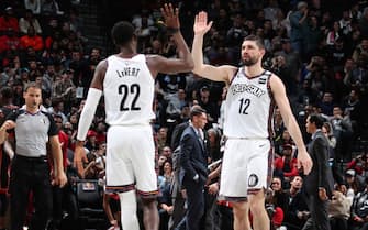 1192984944 NEW YORK, NY - JANUARY 10: Caris LeVert #22 and Joe Harris #12 of the Brooklyn Nets high five each other during the game against the Miami Heat on January 10, 2020 at Madison Square Garden in New York City, New York. NOTE TO USER: User expressly acknowledges and agrees that, by downloading and or using this photograph, User is consenting to the terms and conditions of the Getty Images License Agreement. Mandatory Copyright Notice: Copyright 2020 NBAE (Photo by Nathaniel S. Butler/NBAE via Getty Images)