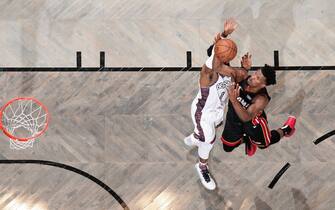 1186234699 BROOKLYN, NY - DECEMBER 1: Jimmy Butler #22 of the Miami Heat shoots the ball against the Brooklyn Nets on December 1, 2019 at Barclays Center in Brooklyn, New York. NOTE TO USER: User expressly acknowledges and agrees that, by downloading and or using this Photograph, user is consenting to the terms and conditions of the Getty Images License Agreement. Mandatory Copyright Notice: Copyright 2019 NBAE (Photo by Nathaniel S. Butler/NBAE via Getty Images)