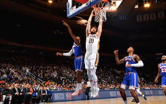 NEW YORK, NY - JANUARY 10: Nicolo Melli #20 of the New Orleans Pelicans dunks the ball against the New York Knicks on January 10, 2020 at Madison Square Garden in New York City, New York.  NOTE TO USER: User expressly acknowledges and agrees that, by downloading and or using this photograph, User is consenting to the terms and conditions of the Getty Images License Agreement. Mandatory Copyright Notice: Copyright 2020 NBAE  (Photo by Jesse D. Garrabrant/NBAE via Getty Images)