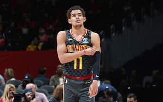 WASHINGTON, DC -  JANUARY 10: Trae Young #11 of the Atlanta Hawks looks on during the game against the Washington Wizards on January 10, 2020 at Capital One Arena in Washington, DC. NOTE TO USER: User expressly acknowledges and agrees that, by downloading and or using this Photograph, user is consenting to the terms and conditions of the Getty Images License Agreement. Mandatory Copyright Notice: Copyright 2020 NBAE (Photo by Stephen Gosling/NBAE via Getty Images)
