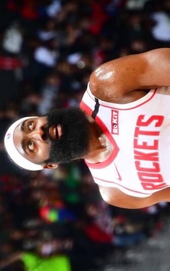 ATLANTA, GA - JANUARY 8: James Harden #13 of the Houston Rockets looks on against the Atlanta Hawks on January 8, 2020 at State Farm Arena in Atlanta, Georgia.  NOTE TO USER: User expressly acknowledges and agrees that, by downloading and/or using this Photograph, user is consenting to the terms and conditions of the Getty Images License Agreement. Mandatory Copyright Notice: Copyright 2020 NBAE (Photo by Scott Cunningham/NBAE via Getty Images)