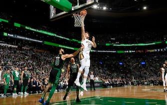 BOSTON, MA - JANUARY 11: Nicolo Melli #20 of the New Orleans Pelicans shoots the ball against the Boston Celtics on January 11, 2020 at the TD Garden in Boston, Massachusetts. NOTE TO USER: User expressly acknowledges and agrees that, by downloading and or using this photograph, User is consenting to the terms and conditions of the Getty Images License Agreement. Mandatory Copyright Notice: Copyright 2020 NBAE (Photo by Brian Babineau/NBAE via Getty Images)