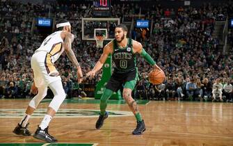 1193181186 BOSTON, MA - JANUARY 11: Jayson Tatum #0 of the Boston Celtics handles the ball against the New Orleans Pelicans on January 11, 2020 at the TD Garden in Boston, Massachusetts. NOTE TO USER: User expressly acknowledges and agrees that, by downloading and or using this photograph, User is consenting to the terms and conditions of the Getty Images License Agreement. Mandatory Copyright Notice: Copyright 2020 NBAE (Photo by Brian Babineau/NBAE via Getty Images)
