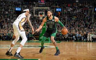 BOSTON, MA - JANUARY 11: Jayson Tatum #0 of the Boston Celtics handles the ball against the New Orleans Pelicans on January 11, 2020 at the TD Garden in Boston, Massachusetts. NOTE TO USER: User expressly acknowledges and agrees that, by downloading and or using this photograph, User is consenting to the terms and conditions of the Getty Images License Agreement. Mandatory Copyright Notice: Copyright 2020 NBAE (Photo by Brian Babineau/NBAE via Getty Images)