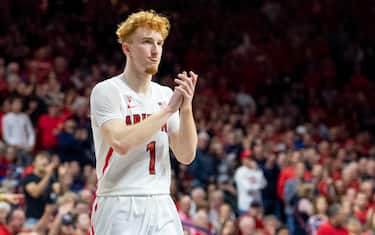 TUCSON, ARIZONA - DECEMBER 14: Nico Mannion #1 of the Arizona Wildcats reacts on the court against the Gonzaga Bulldogs at McKale Center on December 14, 2019 in Tucson, Arizona. The Gonzaga Bulldogs won 84 - 80. (Photo by Jennifer Stewart/Getty Images)