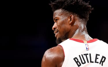 WASHINGTON, DC - DECEMBER 30: Jimmy Butler #22 of the Miami Heat looks on against the Washington Wizards during the second half at Capital One Arena on December 30, 2019 in Washington, DC. NOTE TO USER: User expressly acknowledges and agrees that, by downloading and or using this photograph, User is consenting to the terms and conditions of the Getty Images License Agreement. (Photo by Will Newton/Getty Images)