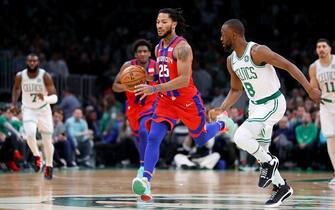 BOSTON, MASSACHUSETTS - DECEMBER 20: Derrick Rose #25 of the Detroit Pistons dribbles downcourt past Kemba Walker #8 of the Boston Celtics  at TD Garden on December 20, 2019 in Boston, Massachusetts. NOTE TO USER: User expressly acknowledges and agrees that, by downloading and or using this photograph, User is consenting to the terms and conditions of the Getty Images License Agreement. (Photo by Maddie Meyer/Getty Images)