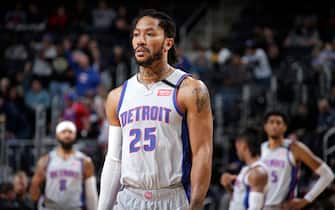 DETROIT, MI - JANUARY 13: Derrick Rose #25 of the Detroit Pistons looks on during a game against the New Orleans Pelicans on January 13, 2020 at Little Caesars Arena in Detroit, Michigan. NOTE TO USER: User expressly acknowledges and agrees that, by downloading and/or using this photograph, User is consenting to the terms and conditions of the Getty Images License Agreement. Mandatory Copyright Notice: Copyright 2020 NBAE (Photo by Brian Sevald/NBAE via Getty Images)