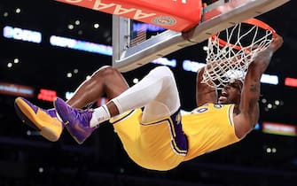 LOS ANGELES, CALIFORNIA - JANUARY 13:  Dwight Howard #39 of the Los Angeles Lakers reacts to his dunk during the first half of a game against the Cleveland Cavaliers at Staples Center on January 13, 2020 in Los Angeles, California. NOTE TO USER: User expressly acknowledges and agrees that, by downloading and/or using this photograph, user is consenting to the terms and conditions of the Getty Images License Agreement. (Photo by Sean M. Haffey/Getty Images)