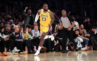 LOS ANGELES, CALIFORNIA - JANUARY 13:  LeBron James #23 of the Los Angeles Lakers runs upcourt after shooting a three point shot during the second half of a game against the Cleveland Cavaliers at Staples Center on January 13, 2020 in Los Angeles, California. NOTE TO USER: User expressly acknowledges and agrees that, by downloading and/or using this photograph, user is consenting to the terms and conditions of the Getty Images License Agreement. (Photo by Sean M. Haffey/Getty Images)