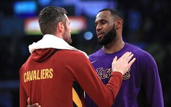 LOS ANGELES, CALIFORNIA - JANUARY 13:  Kevin Love #0 of the Cleveland Cavaliers hugs LeBron James #23 of the Los Angeles Lakers after a game at Staples Center on January 13, 2020 in Los Angeles, California. NOTE TO USER: User expressly acknowledges and agrees that, by downloading and/or using this photograph, user is consenting to the terms and conditions of the Getty Images License Agreement. (Photo by Sean M. Haffey/Getty Images)