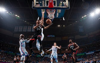 OKLAHOMA CITY, OK - JANUARY 15: Norman Powell #24 of the Toronto Raptors shoots the ball against the Oklahoma City Thunder on January 15, 2020 at Chesapeake Energy Arena in Oklahoma City, Oklahoma. NOTE TO USER: User expressly acknowledges and agrees that, by downloading and or using this photograph, User is consenting to the terms and conditions of the Getty Images License Agreement. Mandatory Copyright Notice: Copyright 2020 NBAE (Photo by Zach Beeker/NBAE via Getty Images)