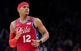 PHILADELPHIA, PA - JANUARY 15: Tobias Harris #12 of the Philadelphia 76ers looks on against the Brooklyn Nets in the fourth quarter at the Wells Fargo Center on January 15, 2020 in Philadelphia, Pennsylvania. The 76ers defeated the Nets 117-106. NOTE TO USER: User expressly acknowledges and agrees that, by downloading and/or using this photograph, user is consenting to the terms and conditions of the Getty Images License Agreement. (Photo by Mitchell Leff/Getty Images)