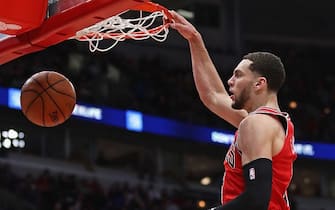 CHICAGO, ILLINOIS - JANUARY 15: Zach LaVine #8 of the Chicago Bulls dunks against the Washington Wizards at the United Center on January 15, 2020 in Chicago, Illinois. NOTE TO USER: User expressly acknowledges and agrees that, by downloading and or using this photograph, User is consenting to the terms and conditions of the Getty Images License Agreement. (Photo by Jonathan Daniel/Getty Images)