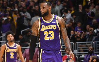 LOS ANGELES, CA - JANUARY 15: LeBron James #23 of the Los Angeles Lakers looks during the game against the Los Angeles Lakers on January 15, 2020 at STAPLES Center in Los Angeles, California. NOTE TO USER: User expressly acknowledges and agrees that, by downloading and/or using this Photograph, user is consenting to the terms and conditions of the Getty Images License Agreement. Mandatory Copyright Notice: Copyright 2020 NBAE (Photo by Andrew D. Bernstein/NBAE via Getty Images)