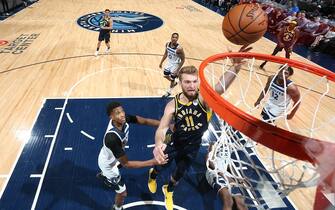 MINNEAPOLIS, MN -  JANUARY 15: Domantas Sabonis #11 of the Indiana Pacers shoots the ball against the Minnesota Timberwolves on January 15, 2020 at Target Center in Minneapolis, Minnesota. NOTE TO USER: User expressly acknowledges and agrees that, by downloading and or using this Photograph, user is consenting to the terms and conditions of the Getty Images License Agreement. Mandatory Copyright Notice: Copyright 2020 NBAE (Photo by David Sherman/NBAE via Getty Images)