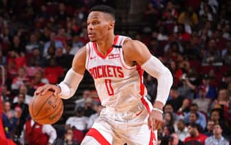 HOUSTON, TX - JANUARY 15: Russell Westbrook #0 of the Houston Rockets handles the ball against the Portland Trail Blazers on January 15, 2020 at the Toyota Center in Houston, Texas. NOTE TO USER: User expressly acknowledges and agrees that, by downloading and or using this photograph, User is consenting to the terms and conditions of the Getty Images License Agreement. Mandatory Copyright Notice: Copyright 2020 NBAE (Photo by Bill Baptist/NBAE via Getty Images)