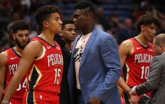 NEW ORLEANS, LOUISIANA - OCTOBER 28: Zion Williamson #1 of the New Orleans Pelicans looks on during the game against the Golden State Warriors at Smoothie King Center on October 28, 2019 in New Orleans, Louisiana. NOTE TO USER: User expressly acknowledges and agrees that, by downloading and/or using this photograph, user is consenting to the terms and conditions of the Getty Images License Agreement (Photo by Chris Graythen/Getty Images)